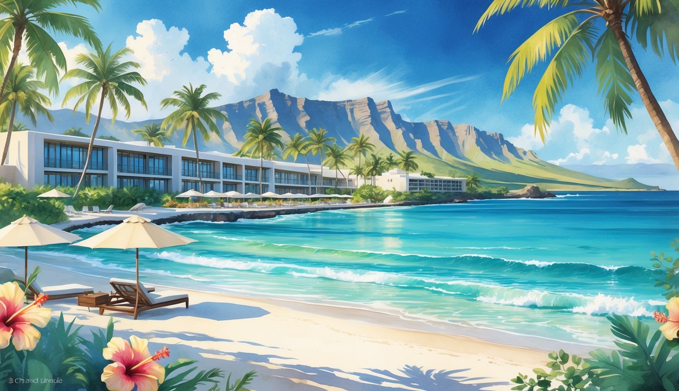 A luxurious beachfront resort surrounded by palm trees, colorful flowers, a white sandy beach, turquoise ocean, and volcanic mountains in the background.