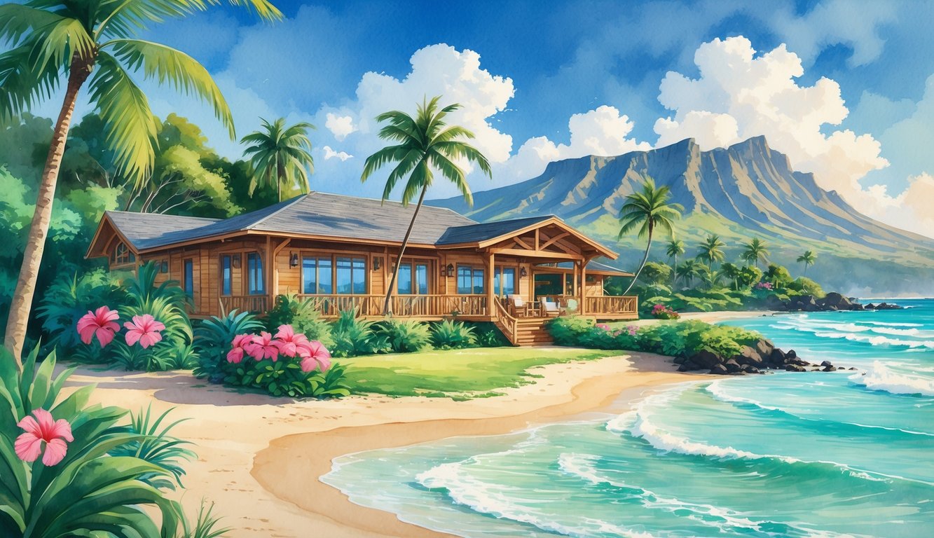 A tropical Hawaiian beach house surrounded by palm trees and flowers, with mountains and ocean in the background.
