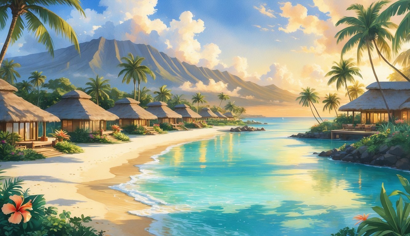 A peaceful beachfront resort with villas, palm trees, tropical flowers, clear blue water, sandy beach, and distant mountains under a warm sunset.