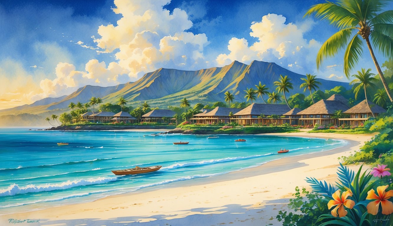 A tropical island beach with palm trees, luxury resorts, calm blue ocean, volcanic mountains, and colorful flowers.