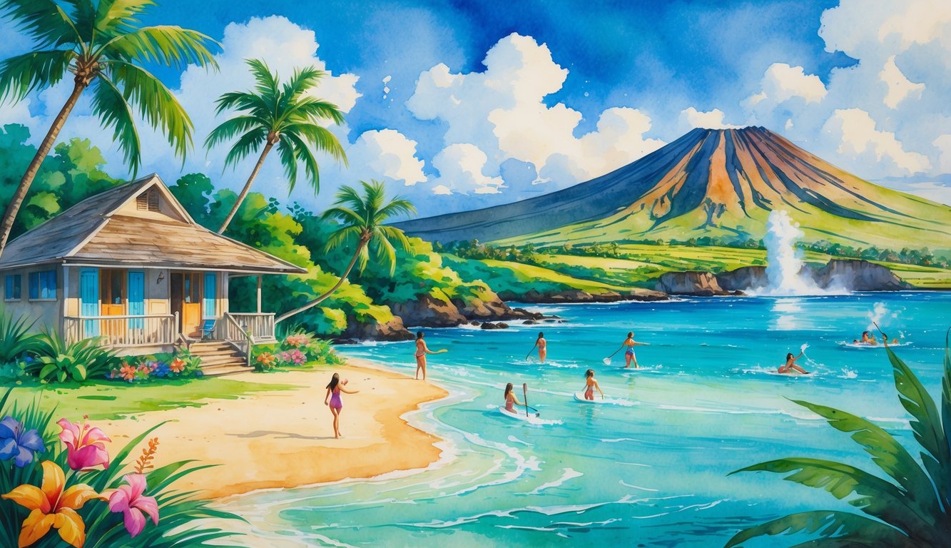 A beachfront bungalow surrounded by palm trees with people snorkeling, hiking near a waterfall, and enjoying a luau with a fire dancer under a mountain.