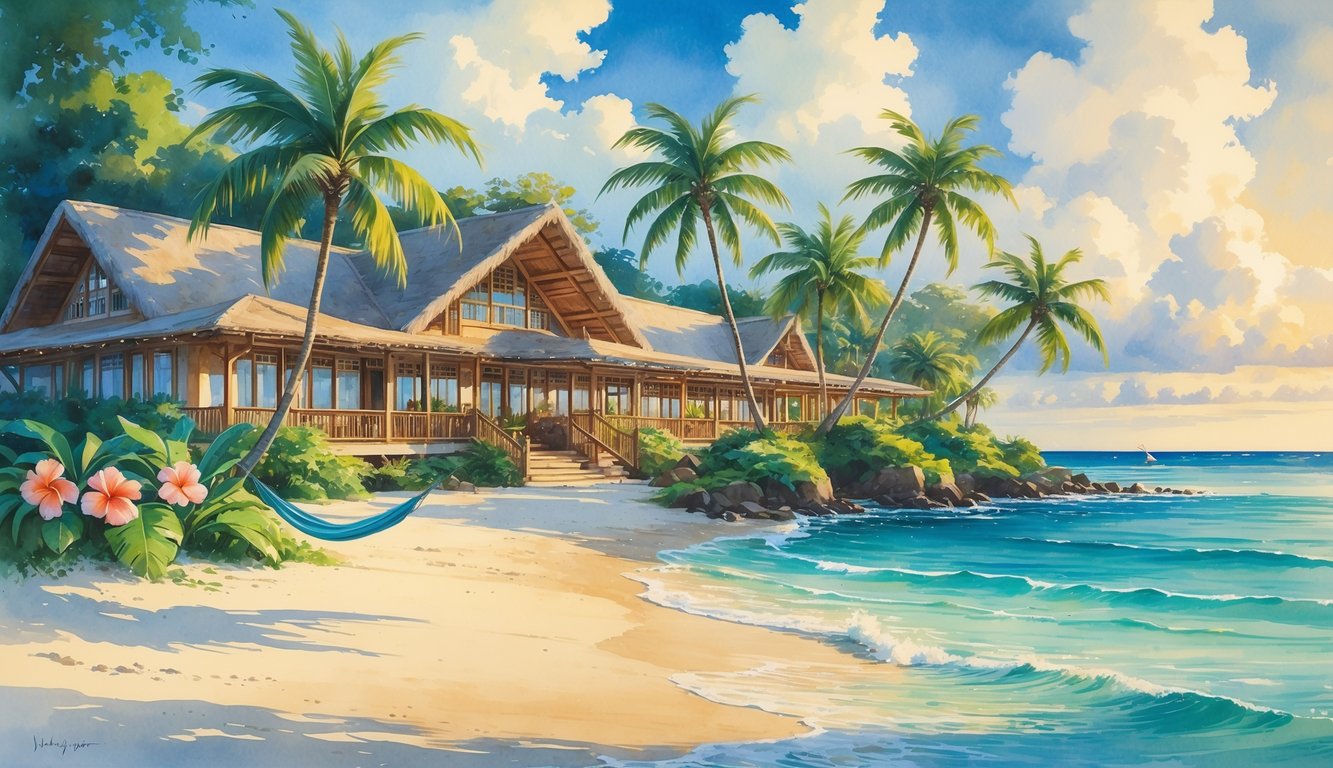 A small luxury hotel surrounded by tropical plants and flowers near a white sandy beach with palm trees and calm ocean water.