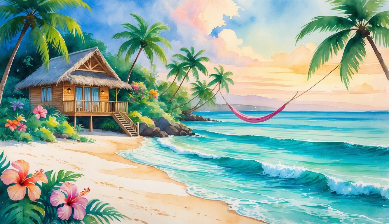 A peaceful beachside bungalow surrounded by palm trees and tropical flowers near clear turquoise ocean water at sunrise or sunset.