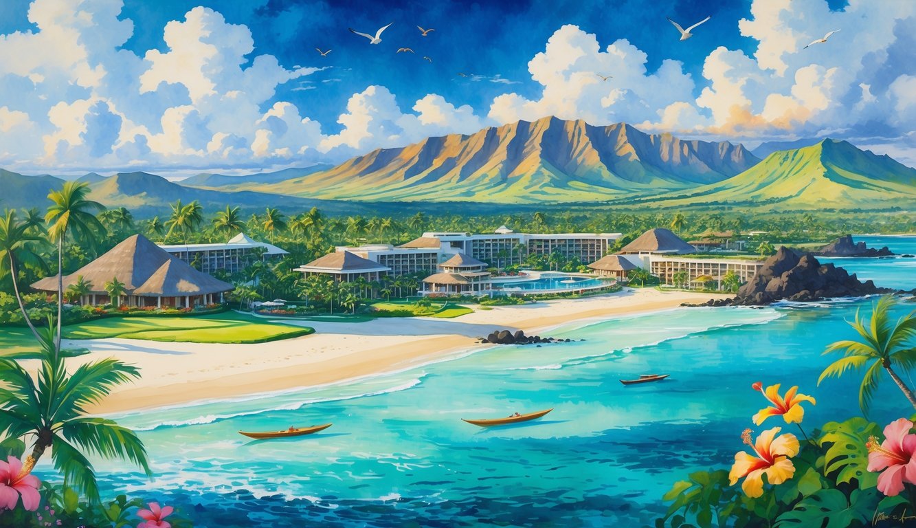 A panoramic view of luxury resorts on tropical Hawaiian islands with beaches, palm trees, mountains, and clear blue water.