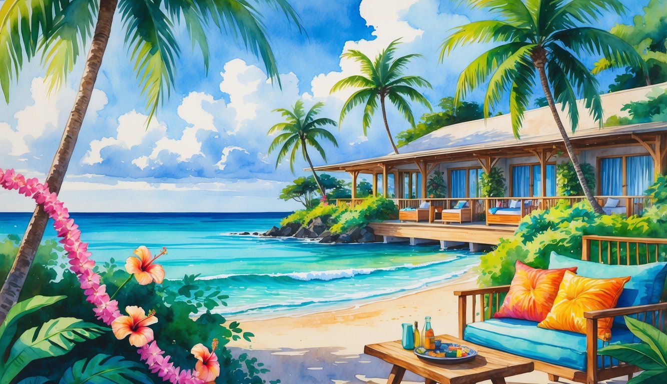 A small hotel surrounded by tropical plants and palm trees near the ocean with outdoor seating and bright flowers.