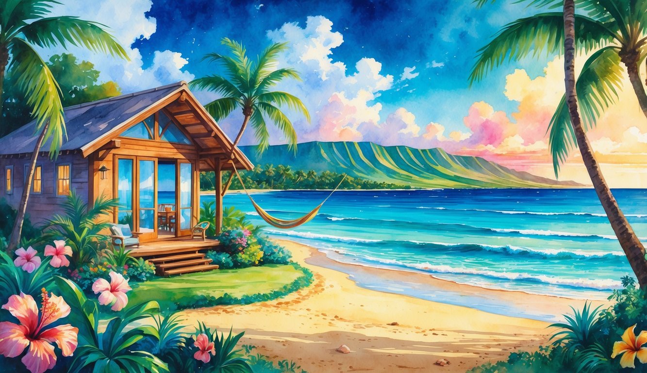 A tropical bungalow surrounded by palm trees and flowers near a sandy beach with ocean waves and distant mountains under a colorful sunset sky.