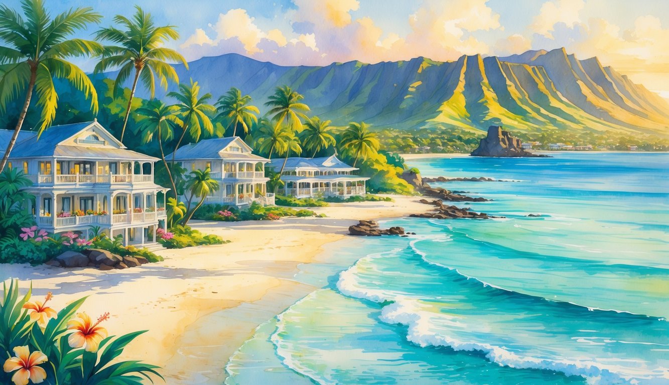 A tropical Hawaiian coastline with small boutique hotels among palm trees, colorful flowers, sandy beaches, and mountains in the background.