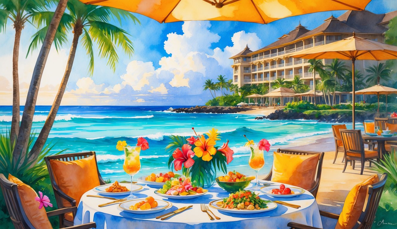 An outdoor dining table with gourmet Hawaiian food and drinks by a beachside resort surrounded by palm trees and tropical flowers.