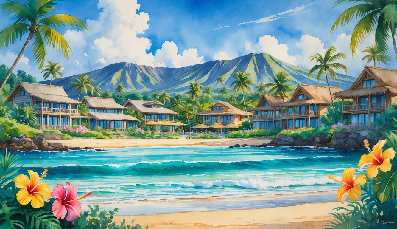 A peaceful Hawaiian beach with boutique hotels surrounded by palm trees, tropical flowers, and mountains in the background.