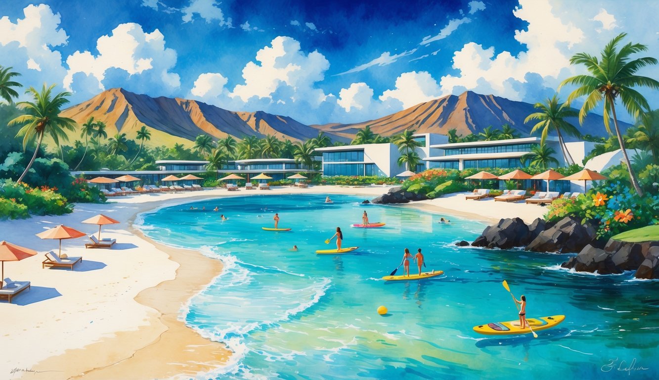 A luxurious Hawaiian beach resort with people snorkeling, paddleboarding, and sailing near palm trees and tropical flowers, with mountains in the background.