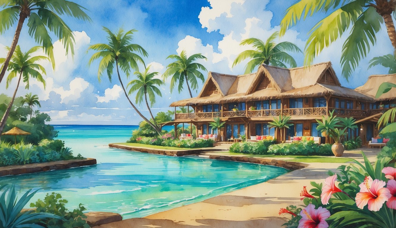A small hotel surrounded by tropical plants and palm trees near the ocean under a clear blue sky.