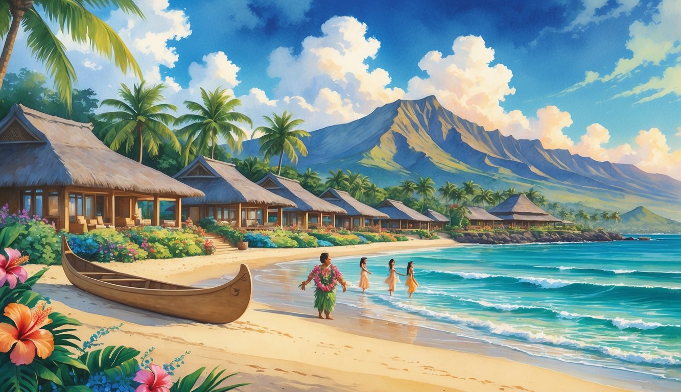 A tropical Hawaiian beach with luxury villas, palm trees, mountains, and people performing a traditional dance near a bonfire.