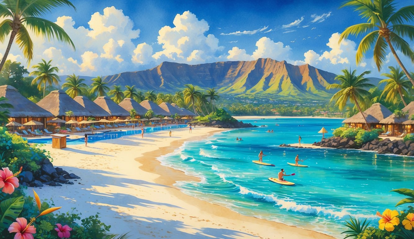 A peaceful Hawaiian beachfront resort with tropical gardens, palm trees, a sandy beach, ocean waves, and mountains in the background.