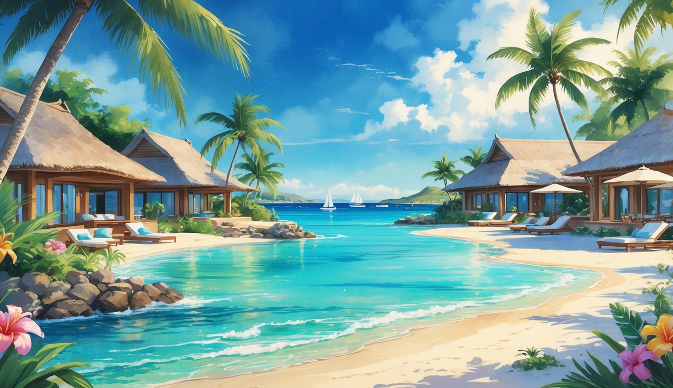 A tranquil beachfront resort with villas, palm trees, a pool, and ocean views under a clear sky.