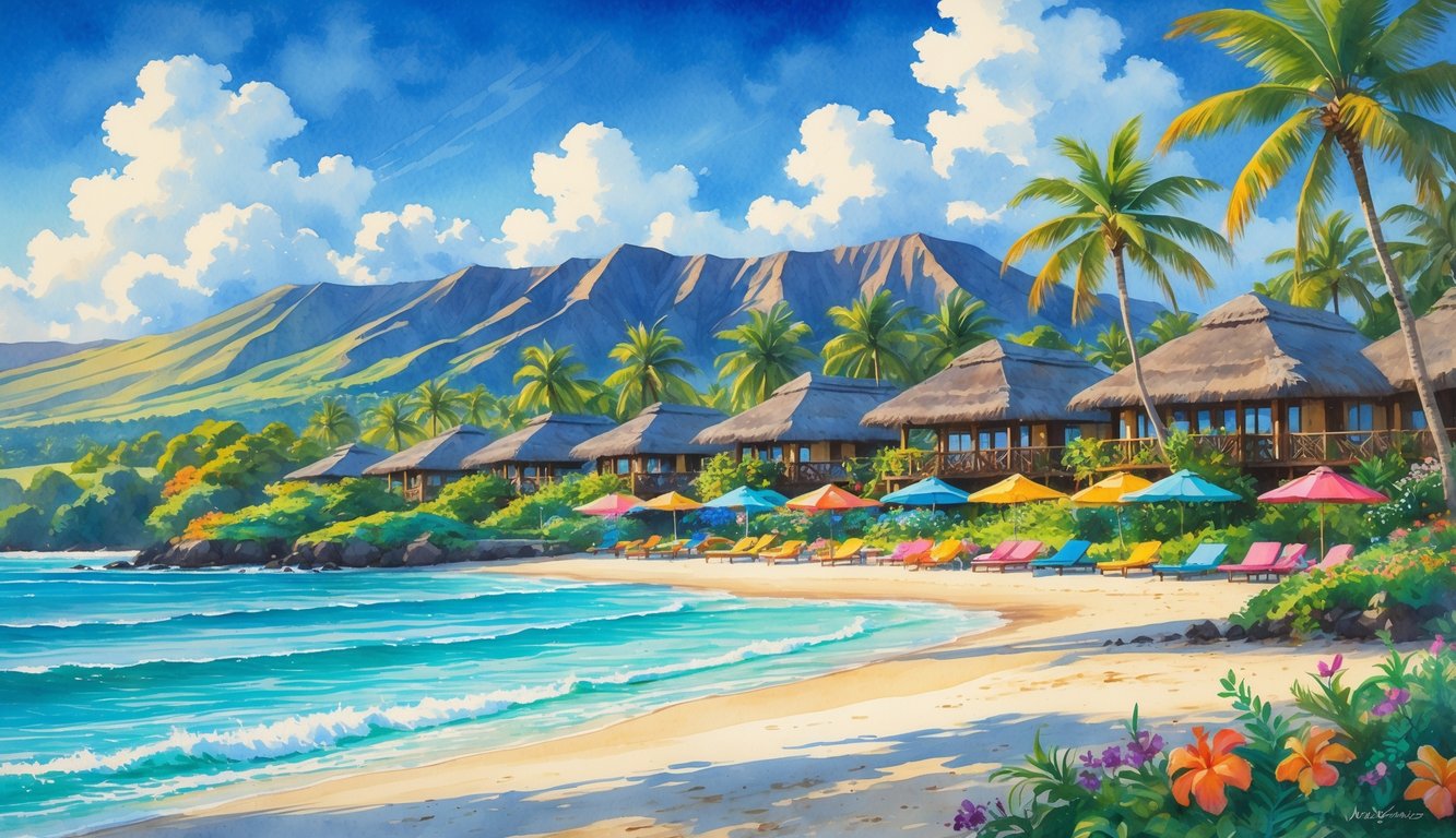 A tropical beach with palm trees, colorful flowers, clear blue water, sandy shore, resort bungalows, and mountains in the background.