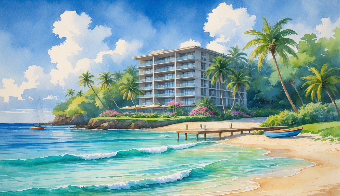A beachfront condo surrounded by palm trees and tropical plants with a sandy beach and ocean waves under a blue sky.