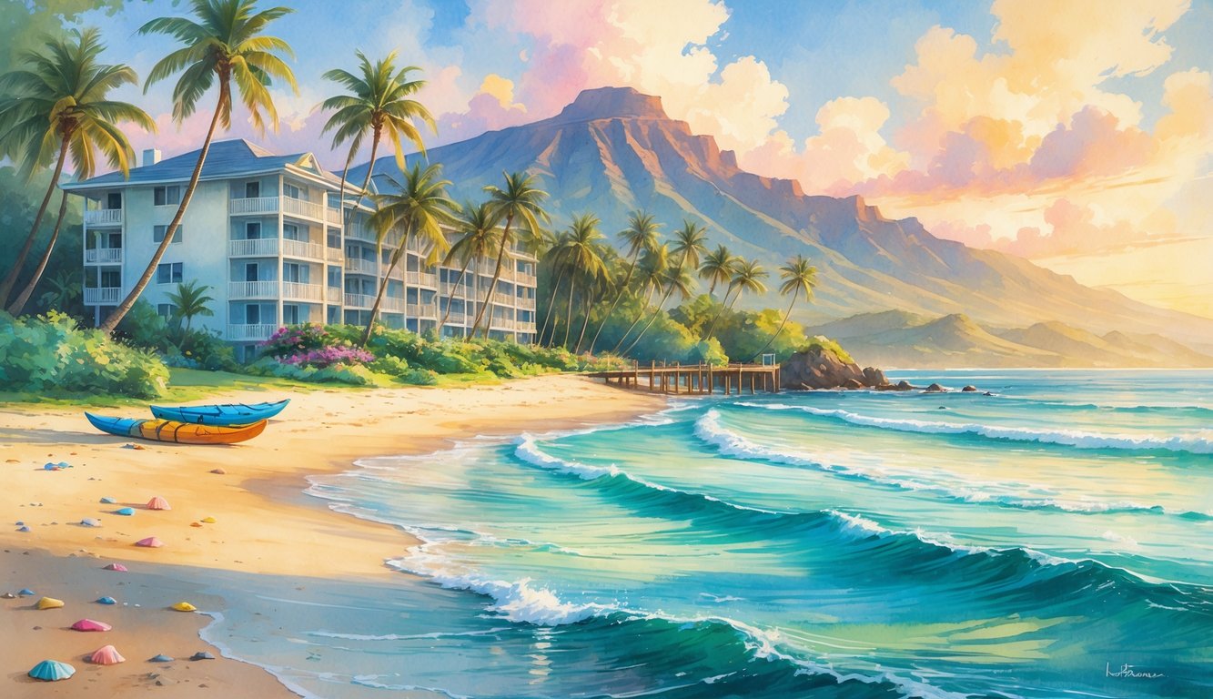A peaceful beachfront condo surrounded by palm trees, with turquoise ocean water, sandy shore, and mountains in the background under a colorful sunrise sky.