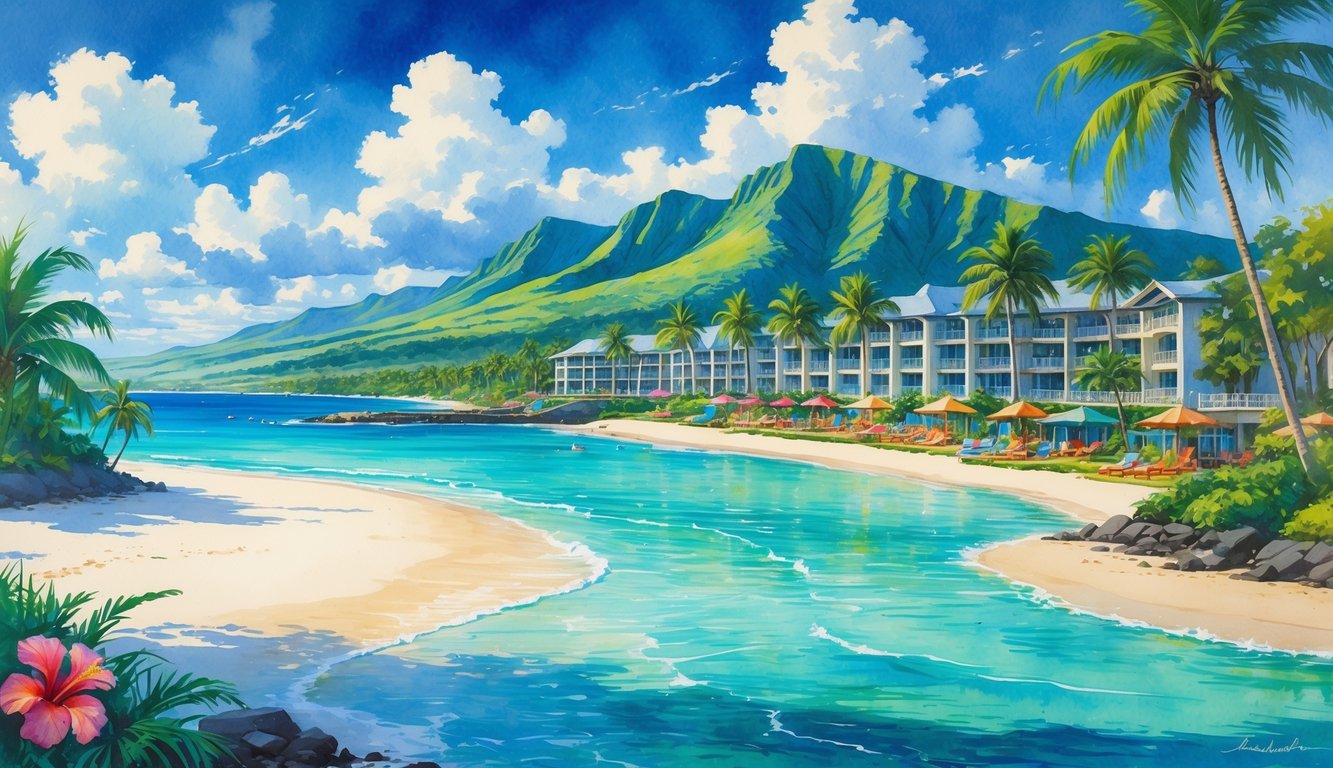 A tropical beachfront resort in Oahu with palm trees, white sand, turquoise ocean, and mountains in the background.