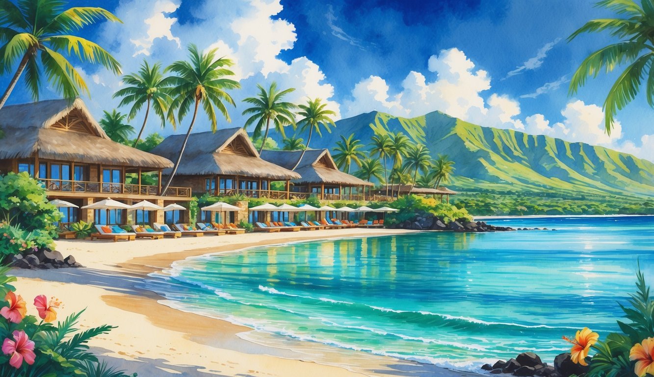 A tropical beachfront resort with palm trees, a pool, white sand beach, and mountains in the background.