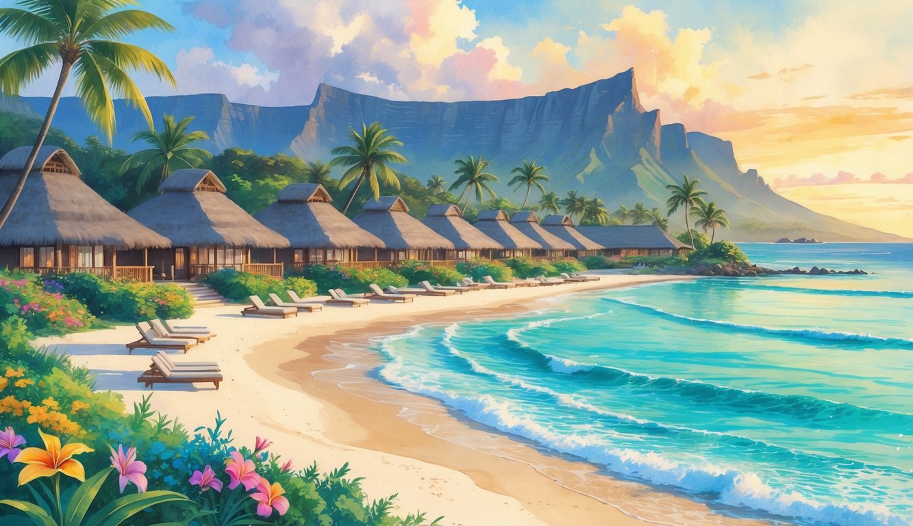 A beachfront luxury resort in Hawaii with bungalows, palm trees, white sand, turquoise ocean, and mountains in the background.