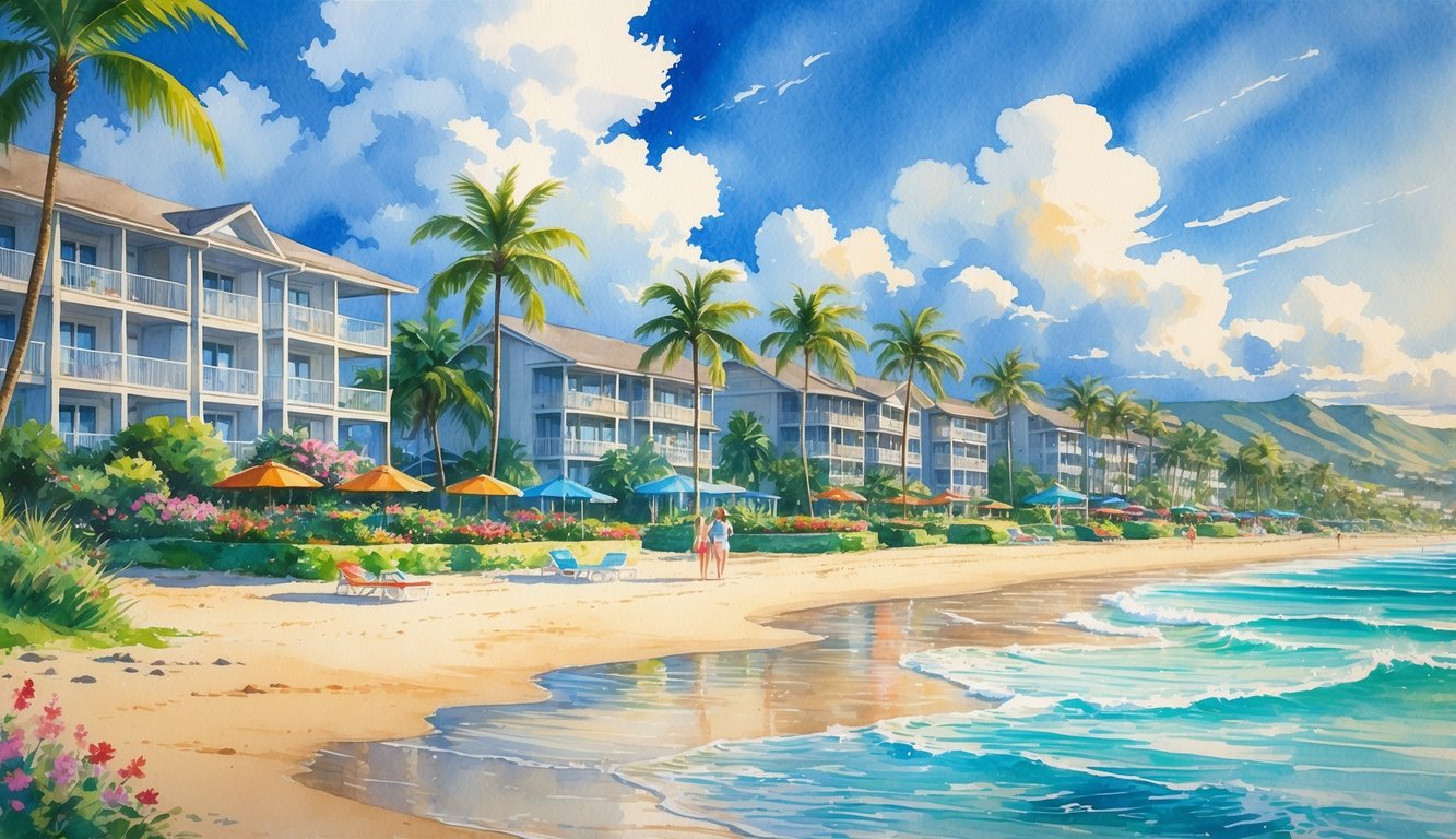 A peaceful coastal scene with beachfront condominiums, palm trees, sandy beach, and calm ocean waters under a bright sky.
