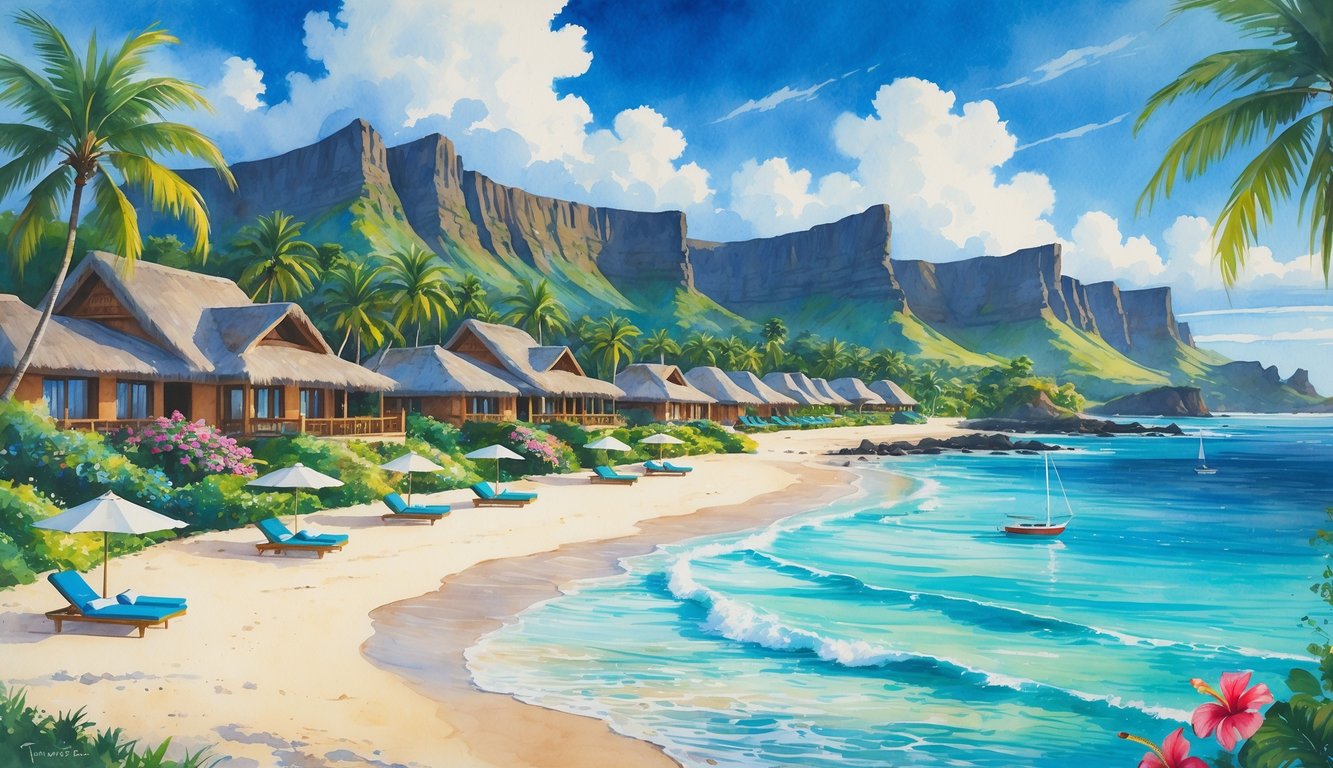 A tropical beachfront resort with villas, palm trees, clear blue ocean, white sand beach, and volcanic cliffs in the background.