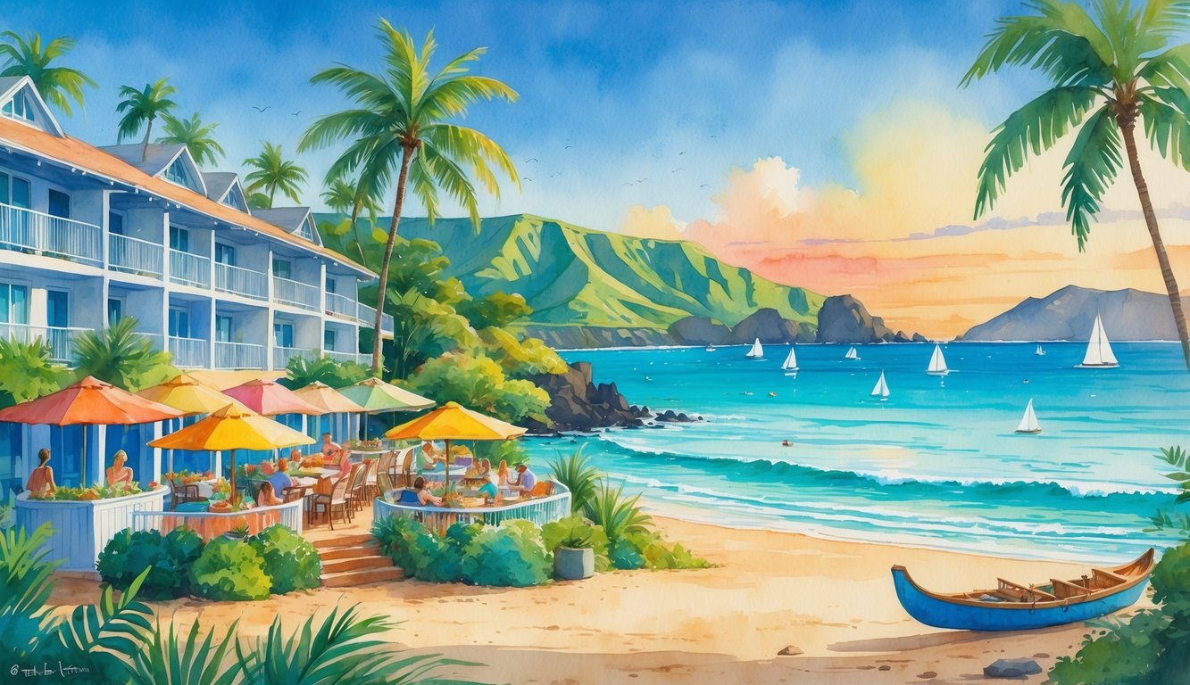 Beachfront condos by the ocean with palm trees, outdoor dining tables with people, sailboats on the water, and green hills in the background.