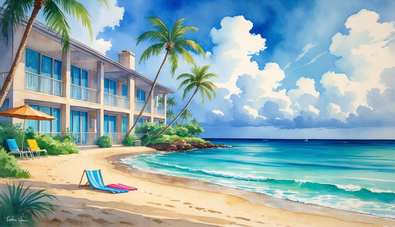 A peaceful beachfront condo with palm trees, sandy beach, and calm ocean under a clear sky.