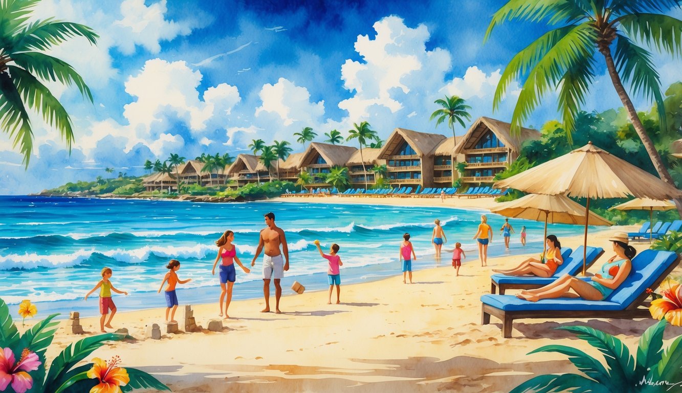 A tropical beach scene with families enjoying the sand and ocean near a resort surrounded by palm trees and flowers.