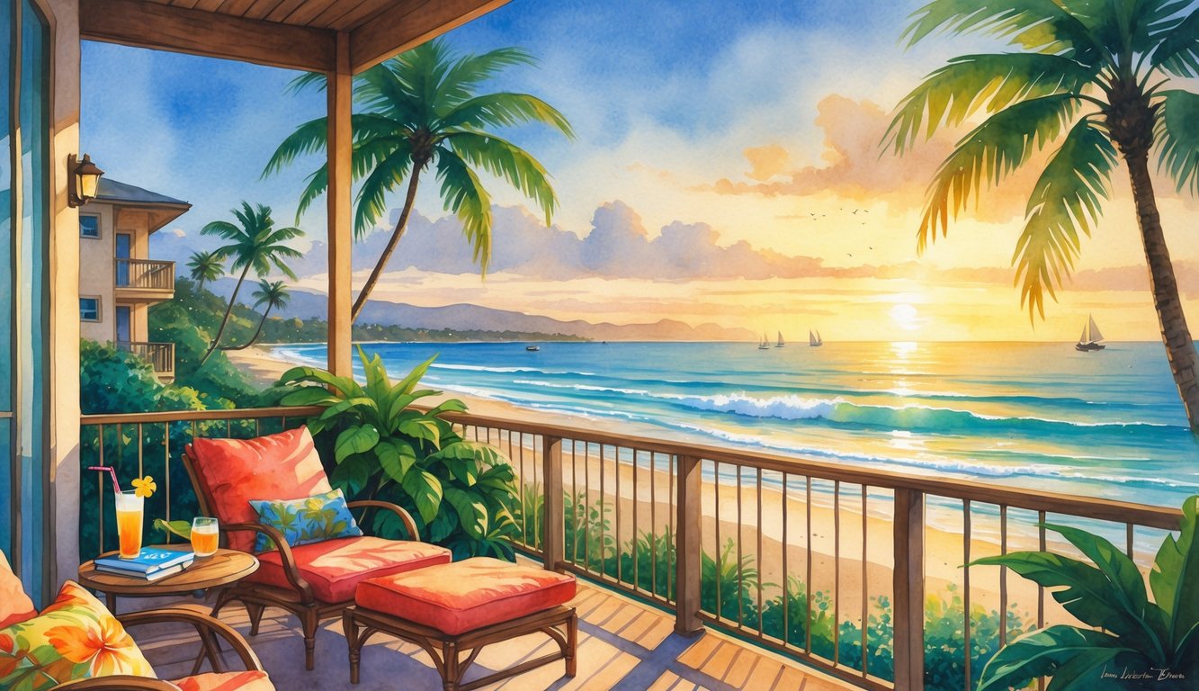A cozy balcony overlooking a beach with palm trees, lounge chairs, and a calm ocean at sunset.