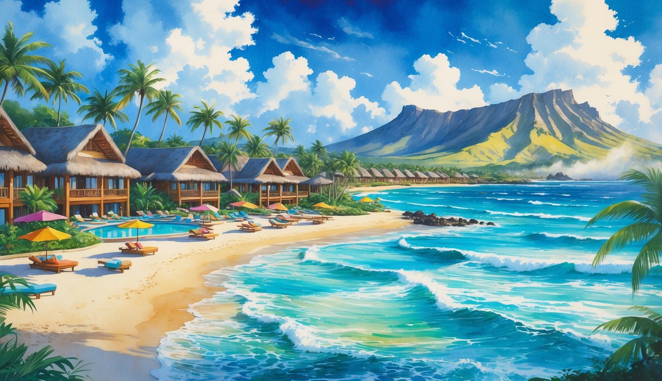 A tropical beachfront resort with villas, palm trees, a pool, and ocean waves under a bright sky with mountains in the background.