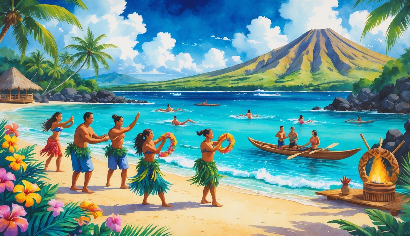 A beach scene showing people dancing, snorkeling, and crafting leis near palm trees and mountains in Hawaii.