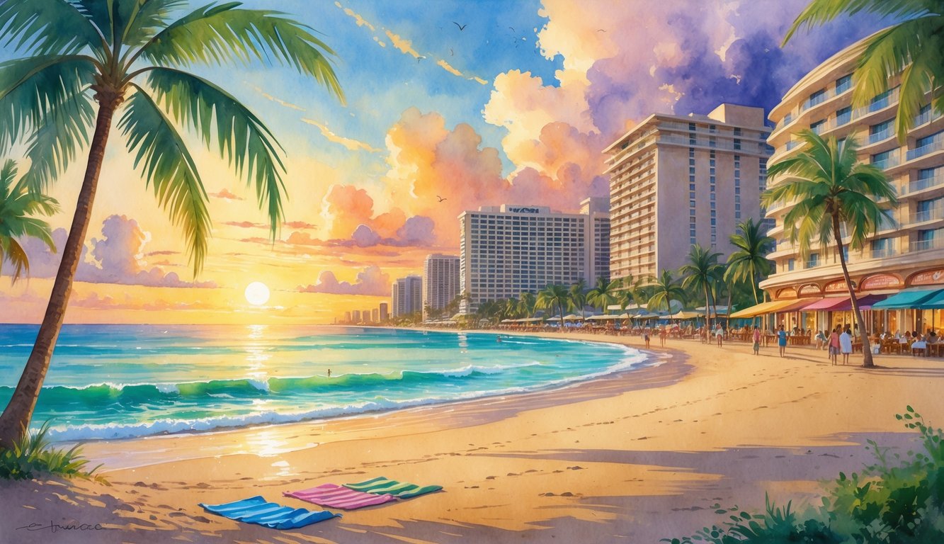 A peaceful beach scene in Waikiki with palm trees, beachfront hotels, people walking along a promenade, and a colorful sunset over the ocean.