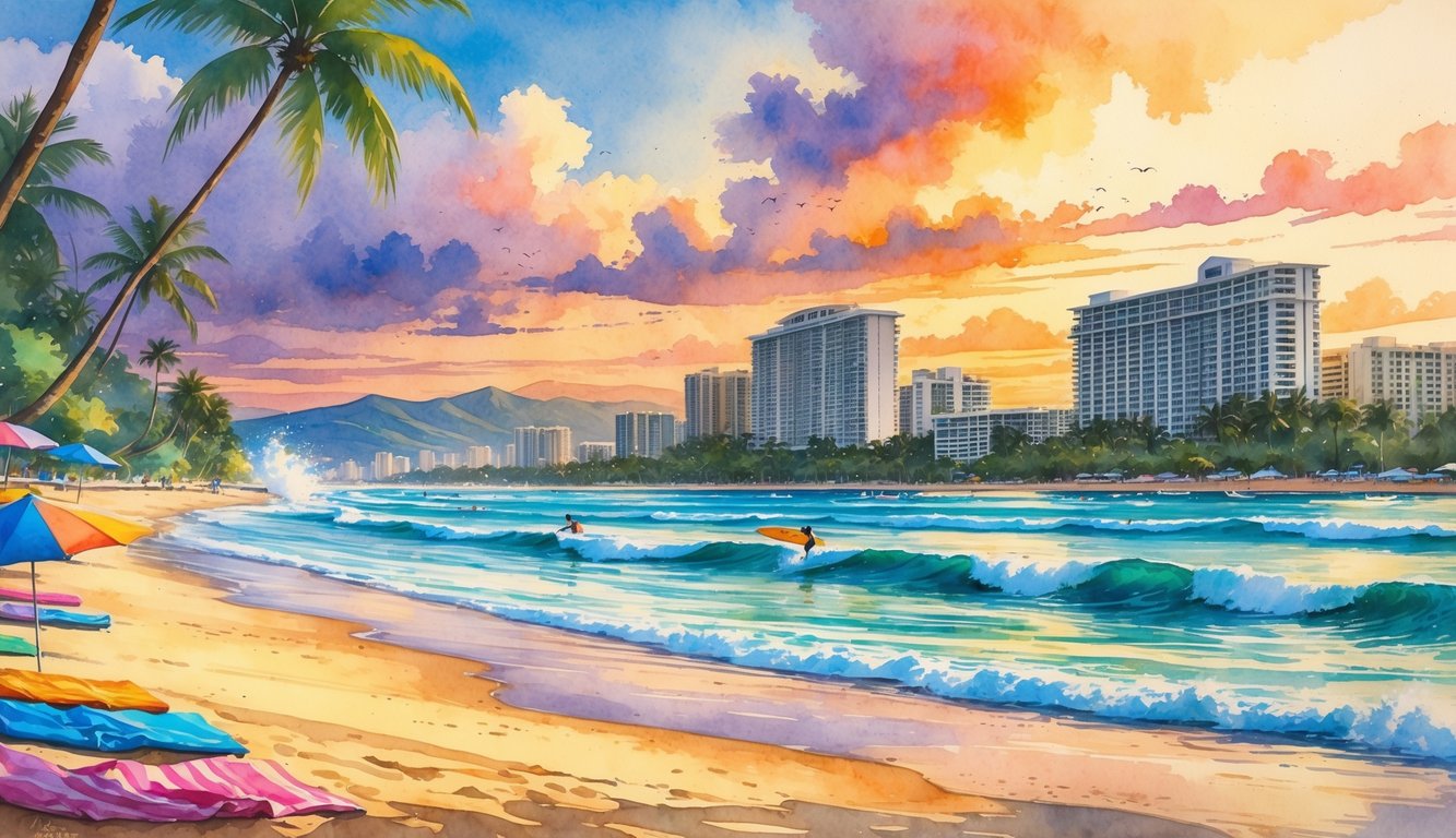 A beach scene with waves, palm trees, and hotels along the shore during sunset.