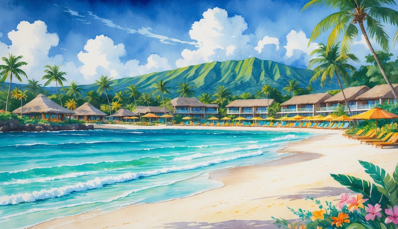 A tropical Hawaiian beach resort with palm trees, sandy shore, turquoise ocean, colorful umbrellas, bungalows, and distant mountains under a blue sky.