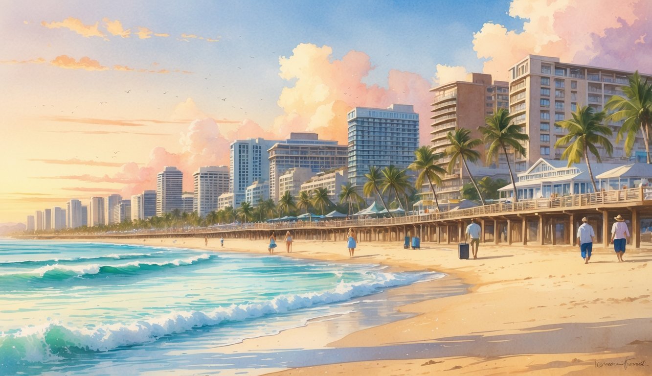 A peaceful Waikiki beach scene with palm trees, hotels along the shore, and people walking on the beach at sunrise.