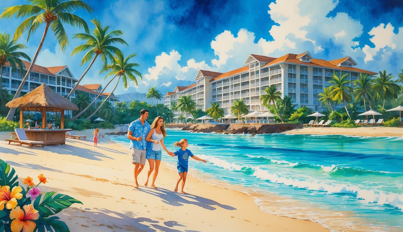 A family playing on a sandy beach near palm trees with hotel buildings and the ocean in the background.