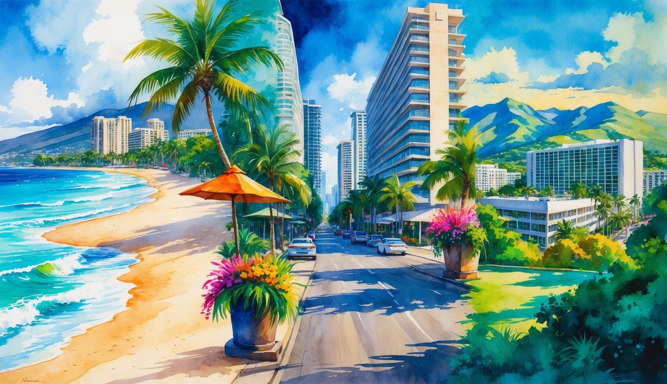 A scene showing a beachfront hotel by the ocean, a city with tall buildings and busy streets, and a hotel surrounded by green hills and tropical plants.