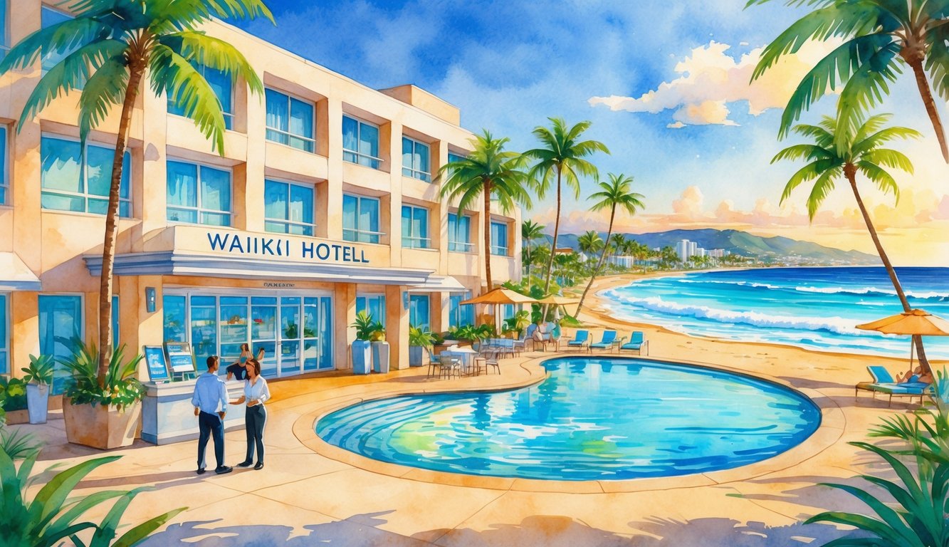 A tropical hotel scene with a pool, palm trees, beachfront, spa area, fitness center, and outdoor café at sunset.