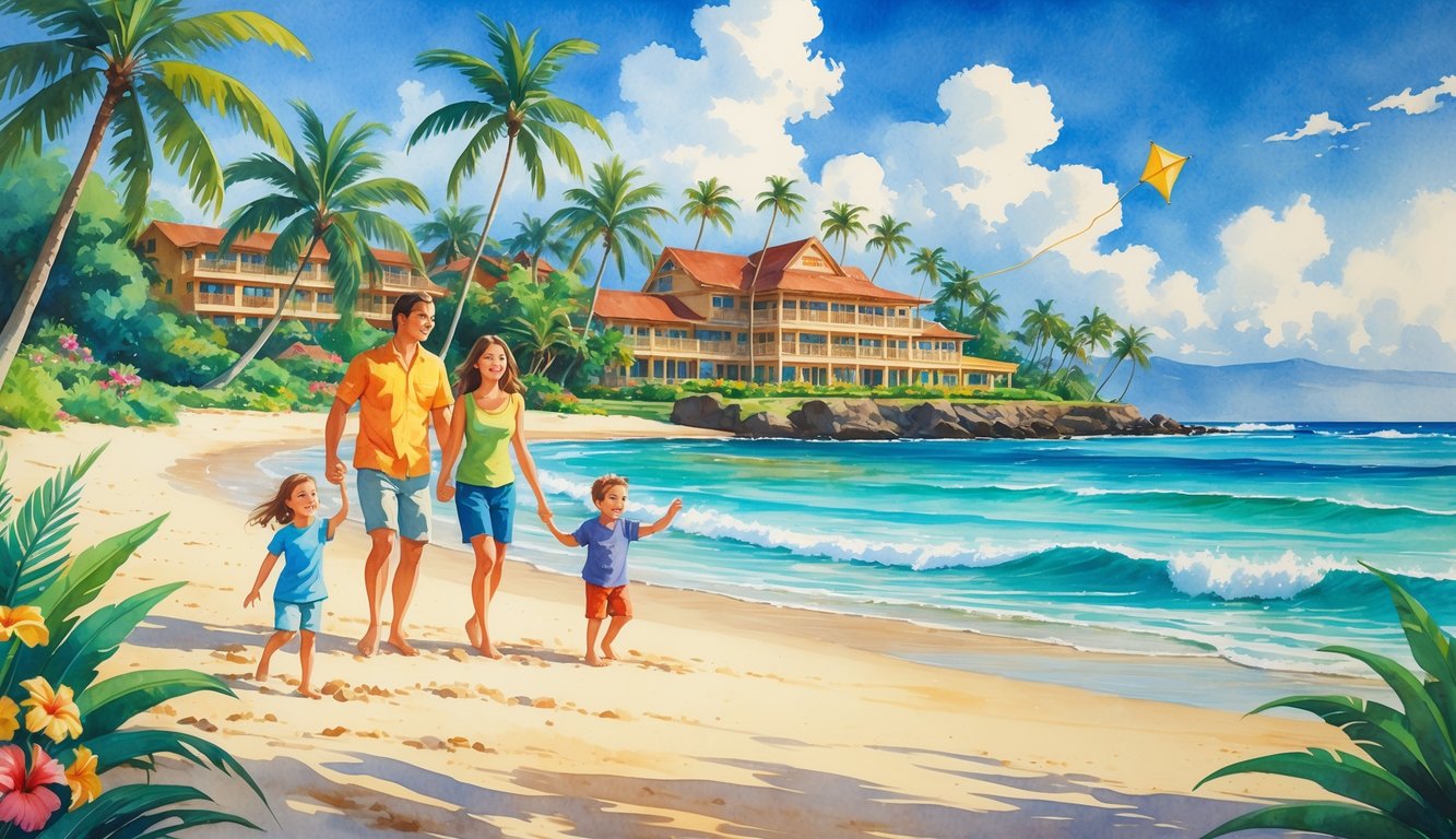 A family of four enjoying a sunny beach in Hawaii with palm trees, flowers, and a hotel in the background.