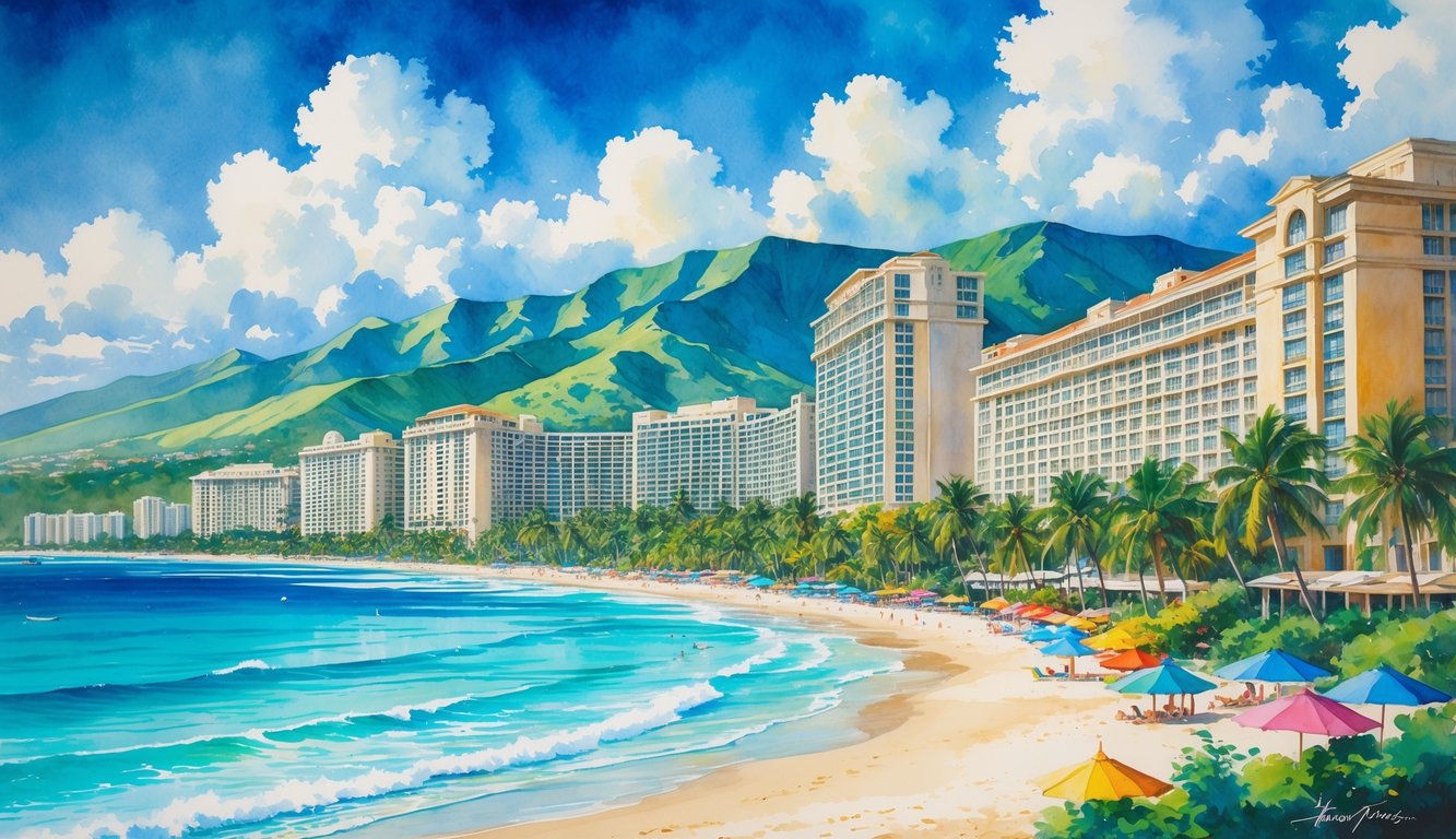 A beach scene with hotels along the shore, palm trees, ocean waves, and mountains in the background.