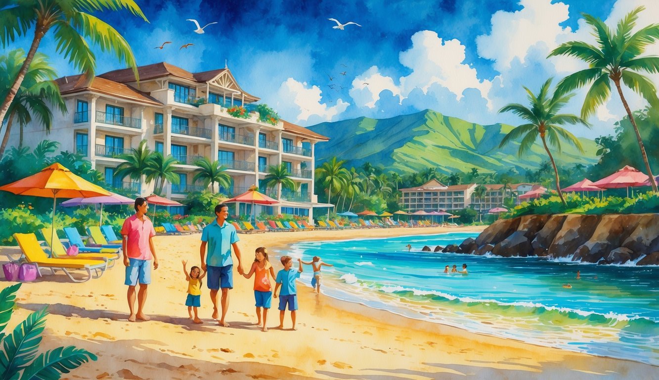 A family enjoying a sunny beach near a large hotel surrounded by palm trees and mountains in Hawaii.