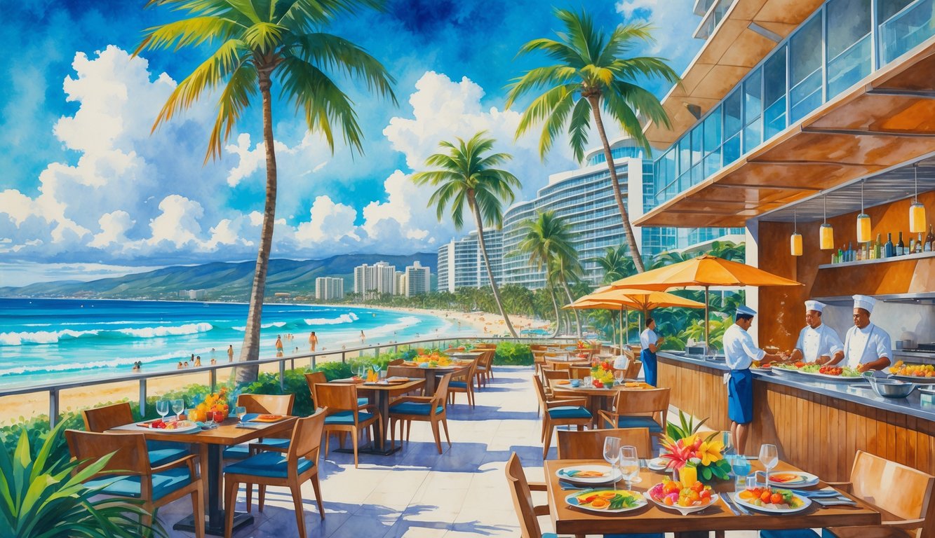 A beachfront restaurant with tables set for dining near the ocean, palm trees, surfers in the water, and a nearby hotel overlooking the beach.