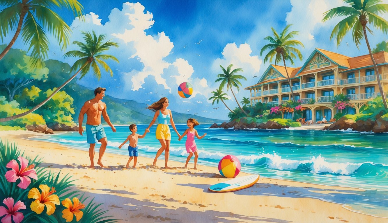 A family playing on a sunny Hawaiian beach near a tropical hotel surrounded by palm trees and colorful flowers.