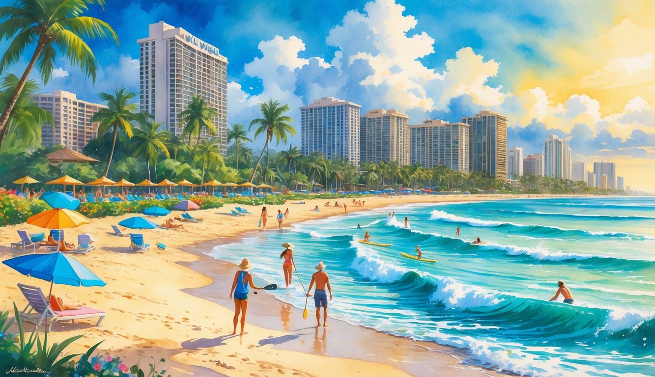 A beach scene with people surfing, paddleboarding, and relaxing near tall hotels and palm trees by the ocean.