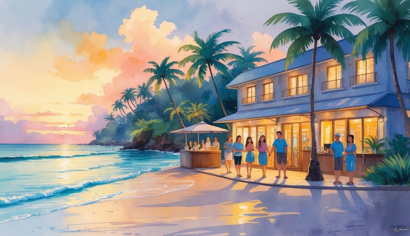A beachfront hotel in Waikiki at sunset with happy travelers and hotel staff outside, surrounded by palm trees and a calm ocean.