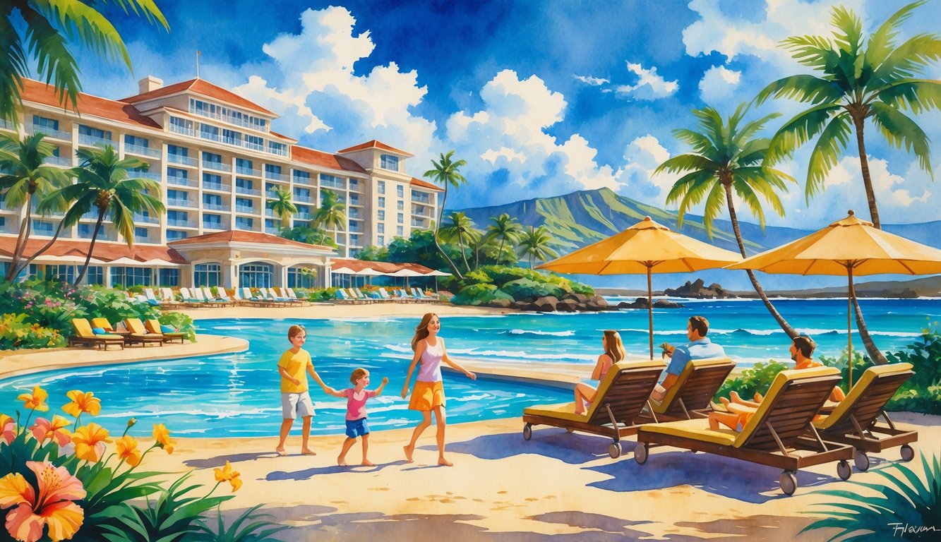 A family enjoying a tropical hotel resort with palm trees, a swimming pool, beach, and mountains in the background.