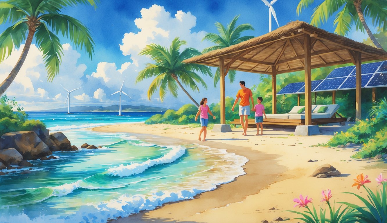A family of four enjoying a tropical beach surrounded by palm trees, flowers, and clear ocean waves with eco-friendly features in the background.
