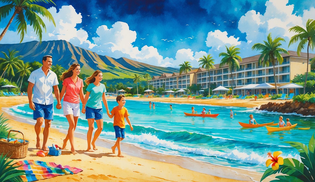A family of four enjoying a sunny Hawaiian beach with hotels, palm trees, mountains, and ocean canoes in the background.