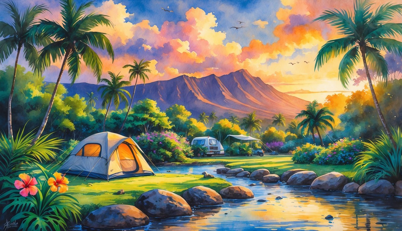 A peaceful campground in Hawaii with a tent, tropical plants, a flowing stream, mountains in the background, and birds flying overhead at sunset.